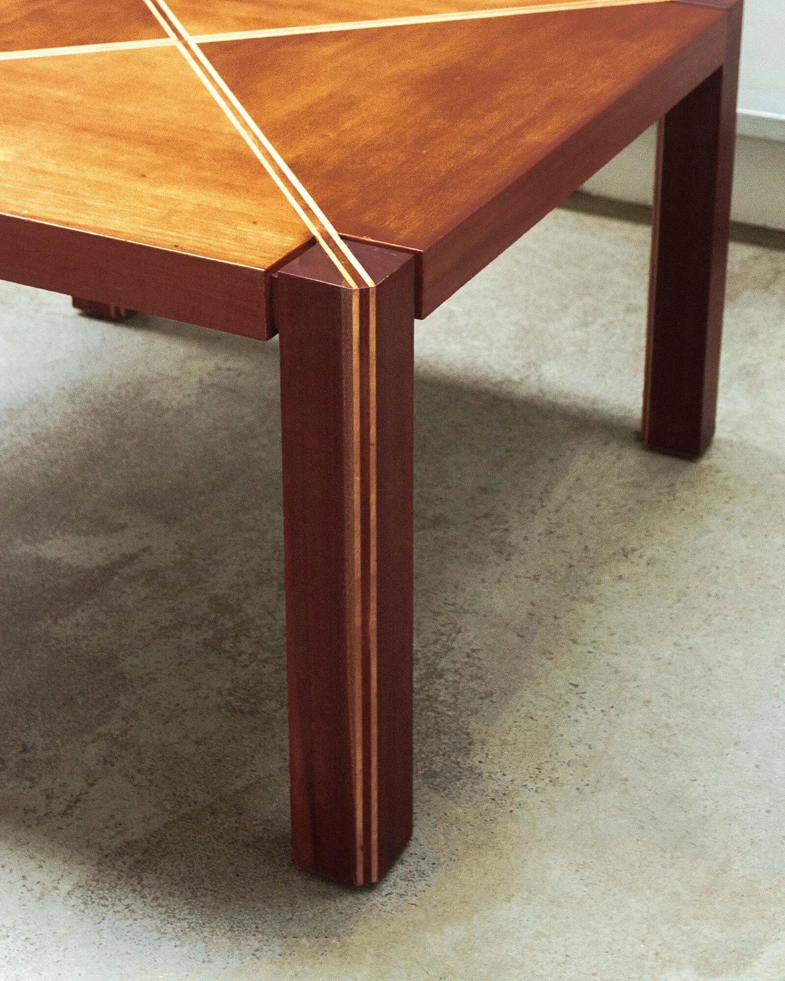 vintage mid-century dining table  Art Deco dining table  solid wood dining table  geometric veneer inlay  fruitwood veneer  mid-century modern