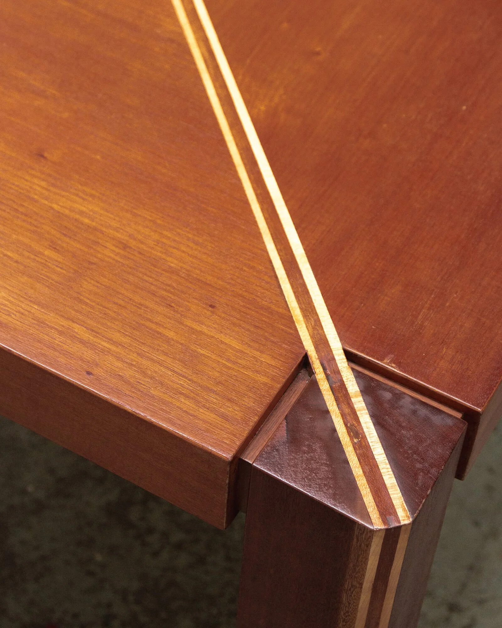 vintage mid-century dining table  Art Deco dining table  solid wood dining table  geometric veneer inlay  fruitwood veneer  mid-century modern