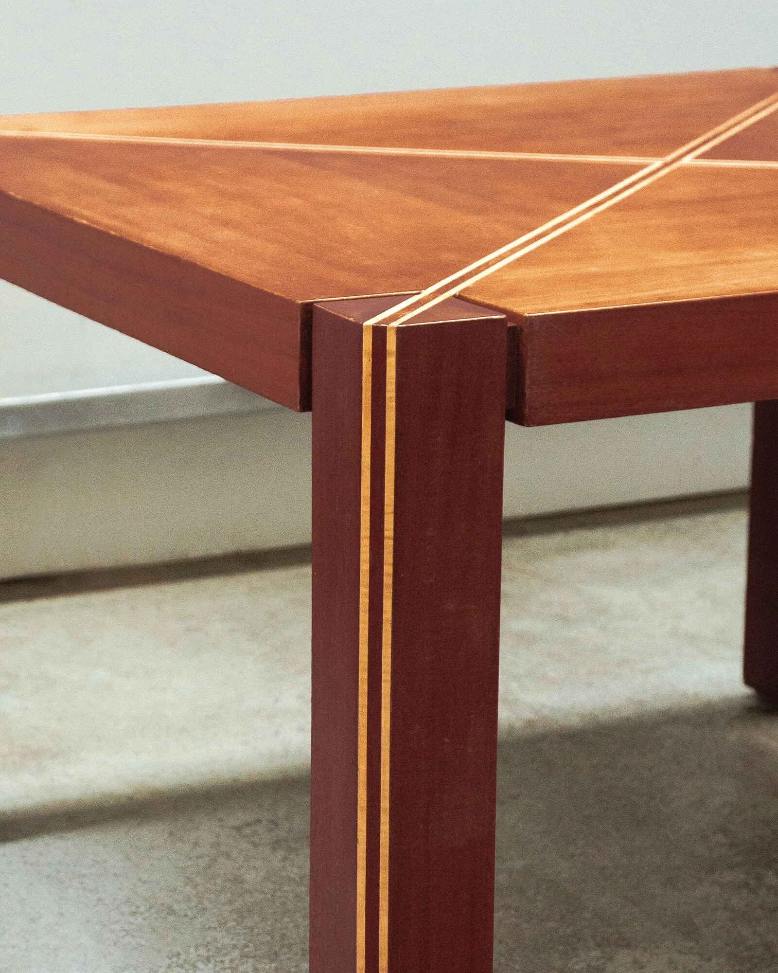 vintage mid-century dining table  Art Deco dining table  solid wood dining table  geometric veneer inlay  fruitwood veneer  mid-century modern