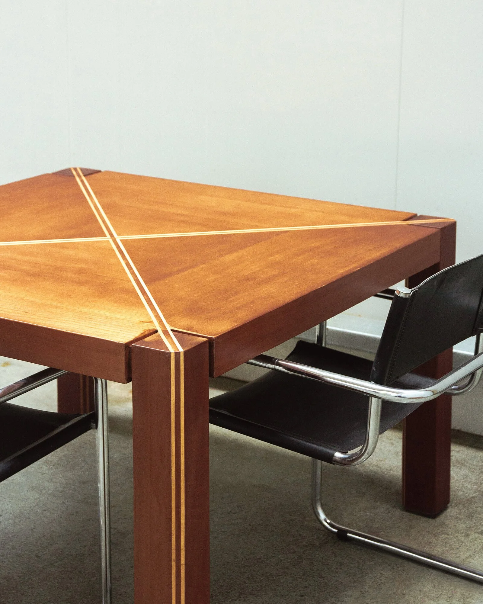 vintage mid-century dining table  Art Deco dining table  solid wood dining table  geometric veneer inlay  fruitwood veneer  mid-century modern