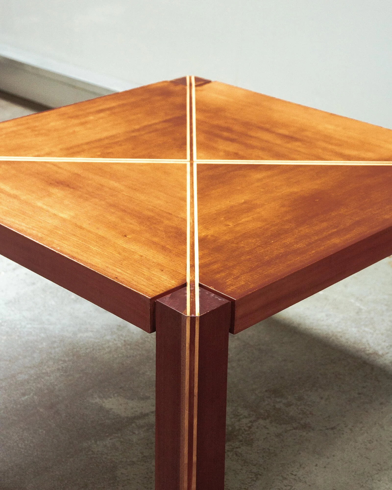 vintage mid-century dining table  Art Deco dining table  solid wood dining table  geometric veneer inlay  fruitwood veneer  mid-century modern