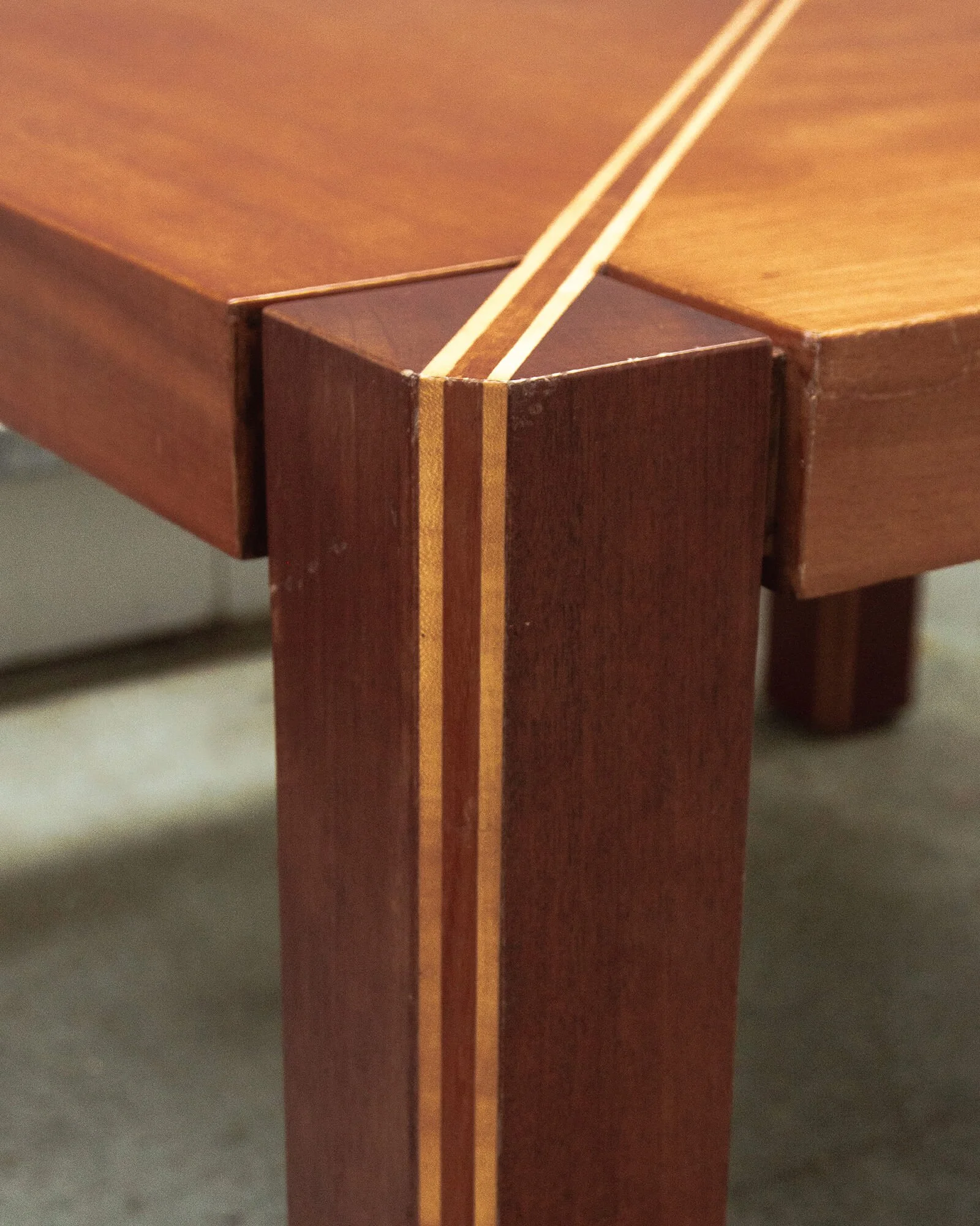 vintage mid-century dining table  Art Deco dining table  solid wood dining table  geometric veneer inlay  fruitwood veneer  mid-century modern