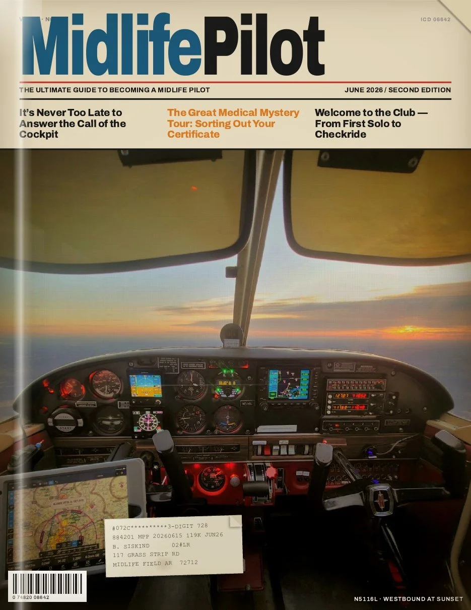 Cover of The Ultimate Guide to Becoming a Midlife Pilot, Second Edition, a free PDF from the Midlife Pilot Podcast, showing a Cherokee cockpit at sunset