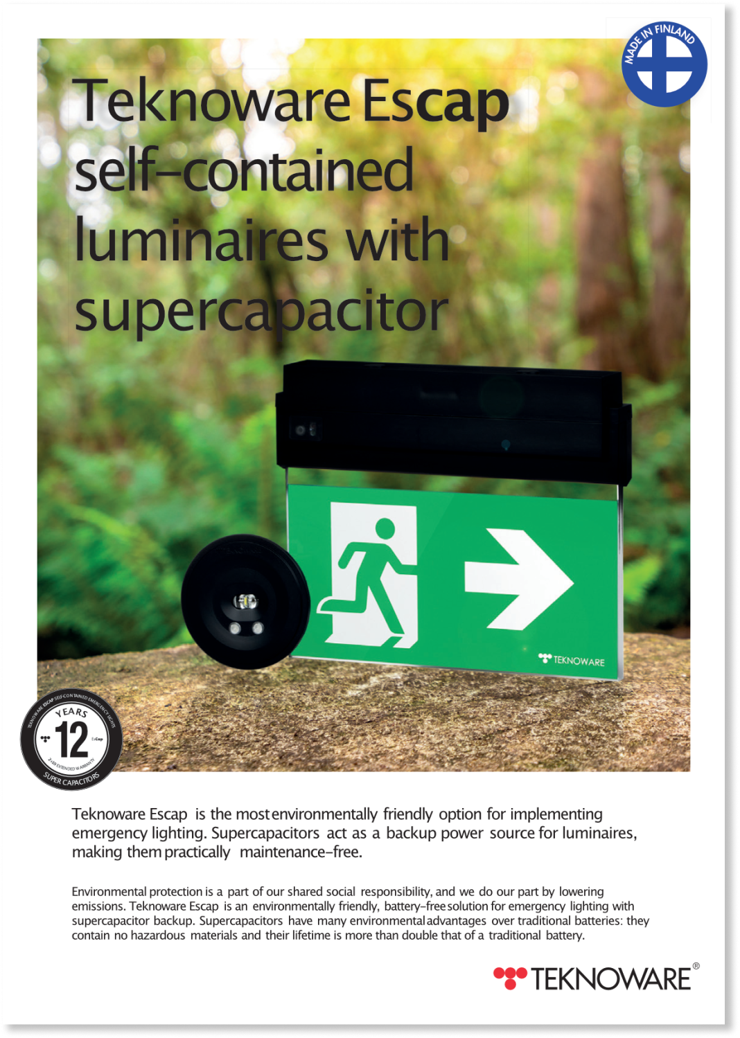 A promotional poster for Teknoware Escape self-contained emergency lighting system with supercapacitor, displayed outdoors among trees. The poster features an image of the emergency light and a green exit sign, along with descriptive text about the product and its environmental benefits.