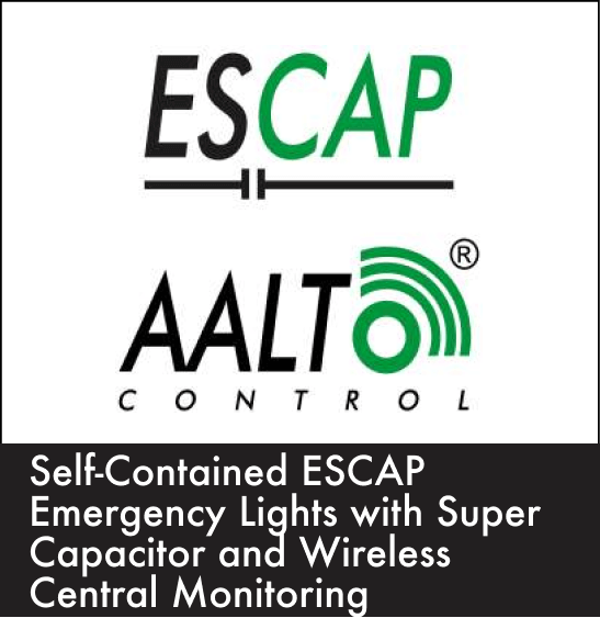 Logo image featuring the text 'ESCAP' with 'ESC' in black and 'AP' in green, and 'AALTO CONTROL' with 'AALTO' in black and green wireless signal icon, and 'CONTROL' in black. Caption reads: 'Self-Contained ESCAP Emergency Lights with Super Capacitor and Wireless Central Monitoring'.