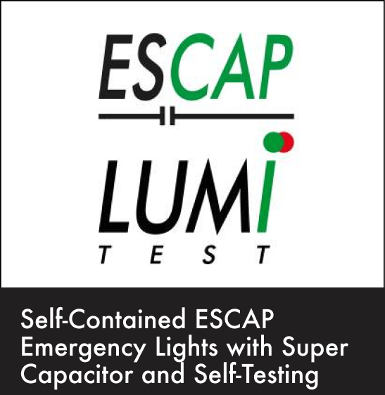 Logo for ESCAP LUMI Test with the text 'Self-Contained ESCAP Emergency Lights with Super Capacitor and Self-Testing'.