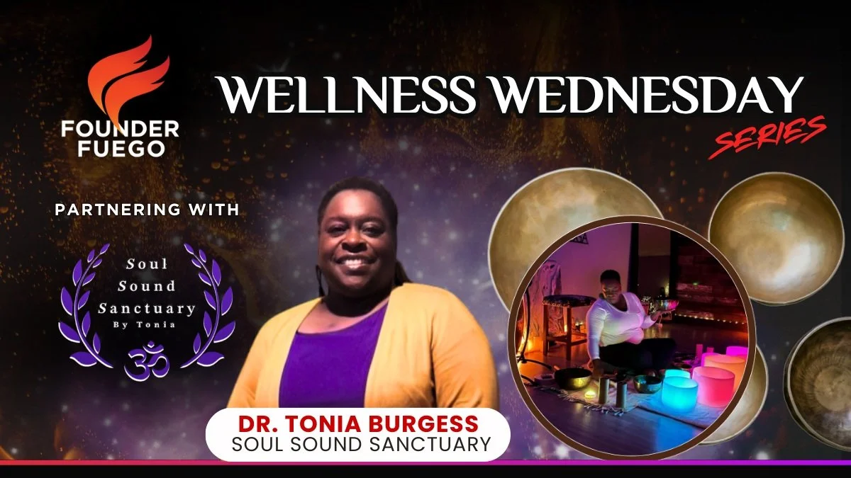 Flyer for Wellness Wednesday series featuring Dr. Tonia Burgess from Soul Sound Sanctuary, with an image of her and a person playing crystal bowls in a dimly lit room with colorful lighting.