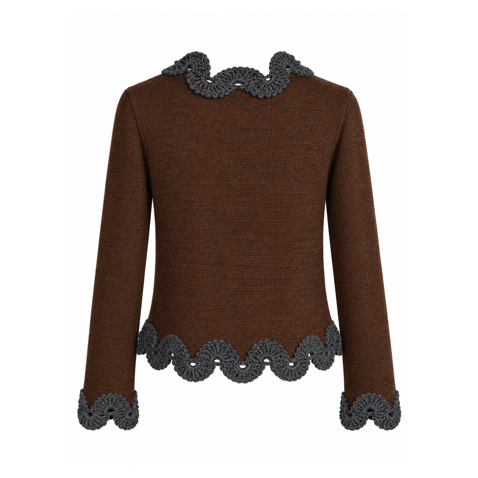 Studio Myr BAROQUE – Back view of the Francisca jacket in chocolate brown Merino wool with charcoal grey crochet lace at the collar, cuffs and hem