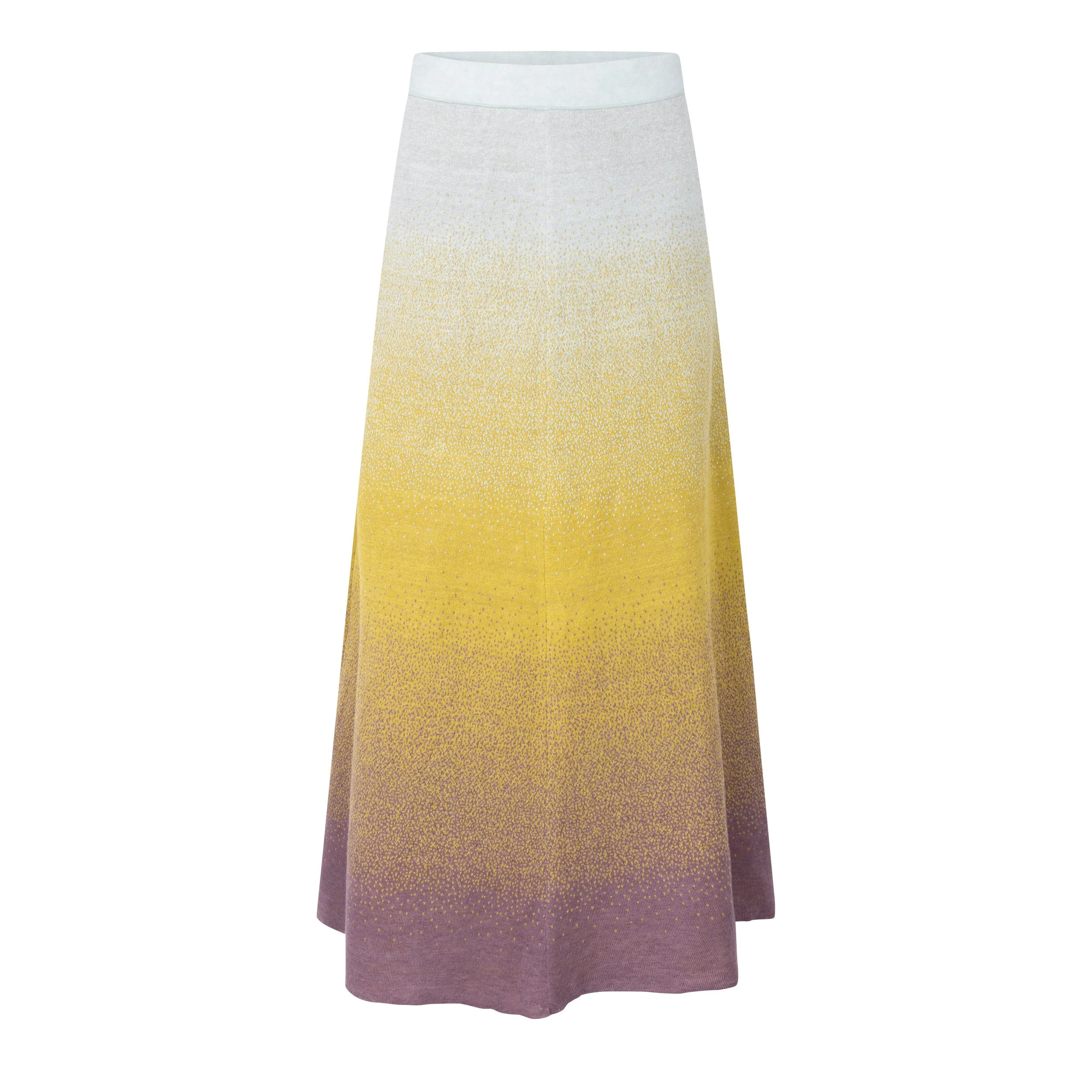 Front view of Sunset – Ibiza, a flowing A-line knit skirt with a refined colour gradient of soft ivory, radiant yellow and deep lilac.