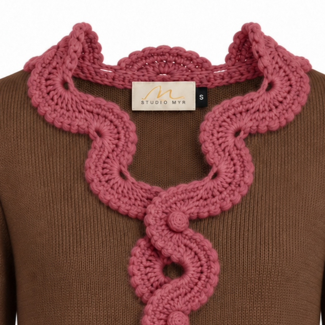 Close-up of Eleonora Jacket in Hazel Brown, showing the intricate Dusty Rose hand-crocheted Baby Alpaca lace collar, front edging and crochet button.