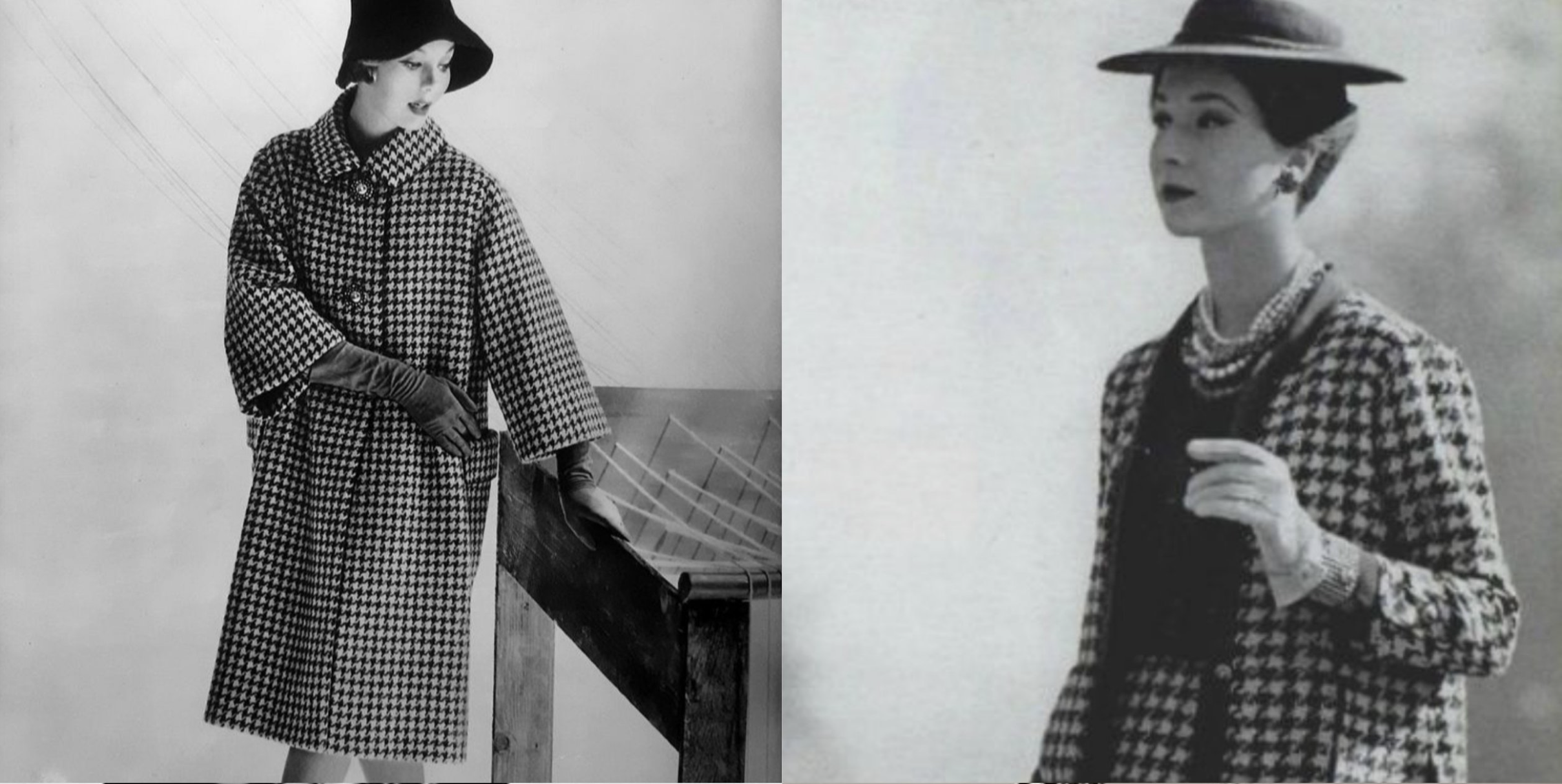Two women wearing Christian Dior’s mid-century houndstooth designs, representing the pattern’s introduction into high fashion in the late 1940s.
