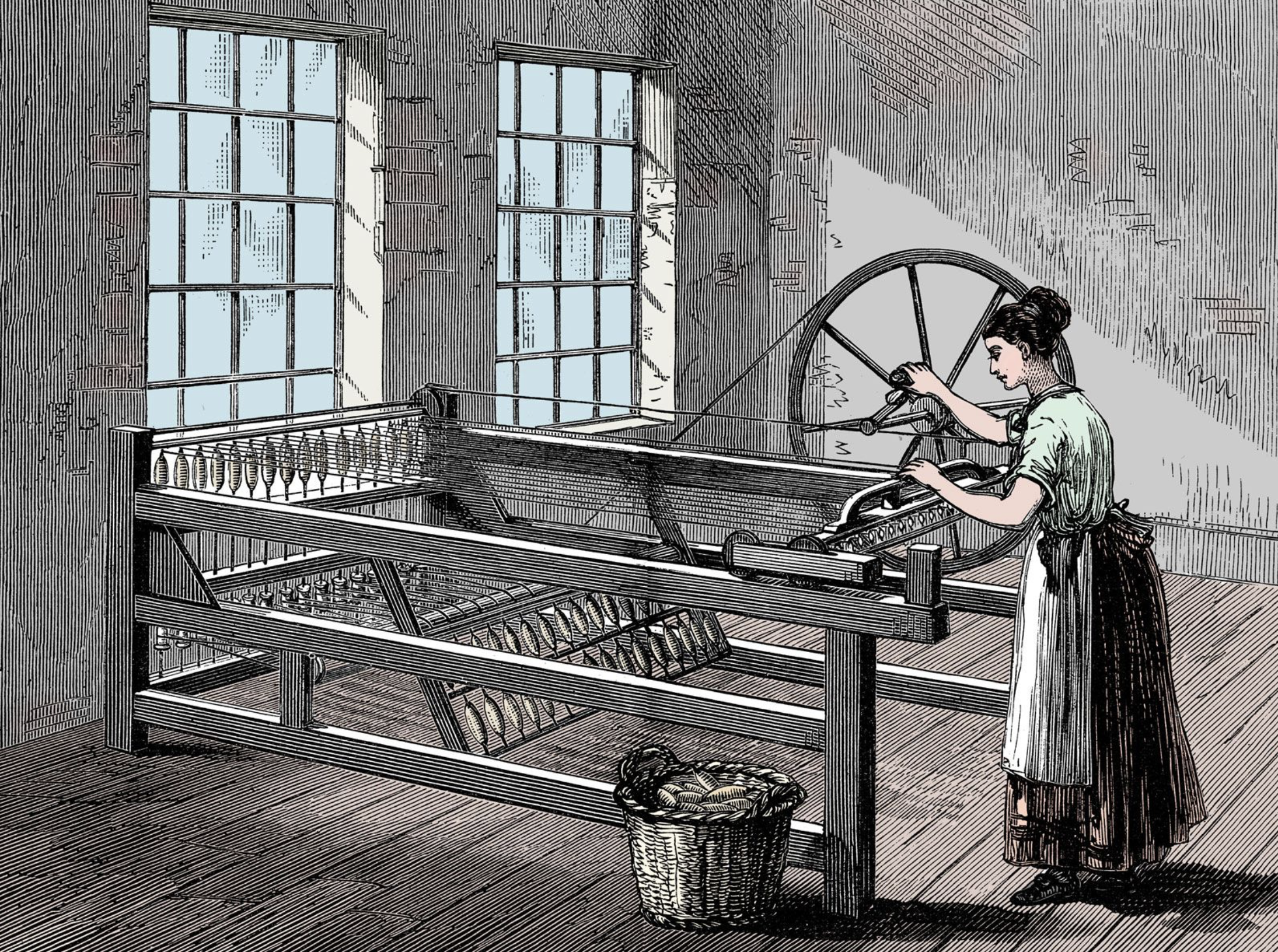 Illustration of a spinning machine invented by James Hargreaves in 1770