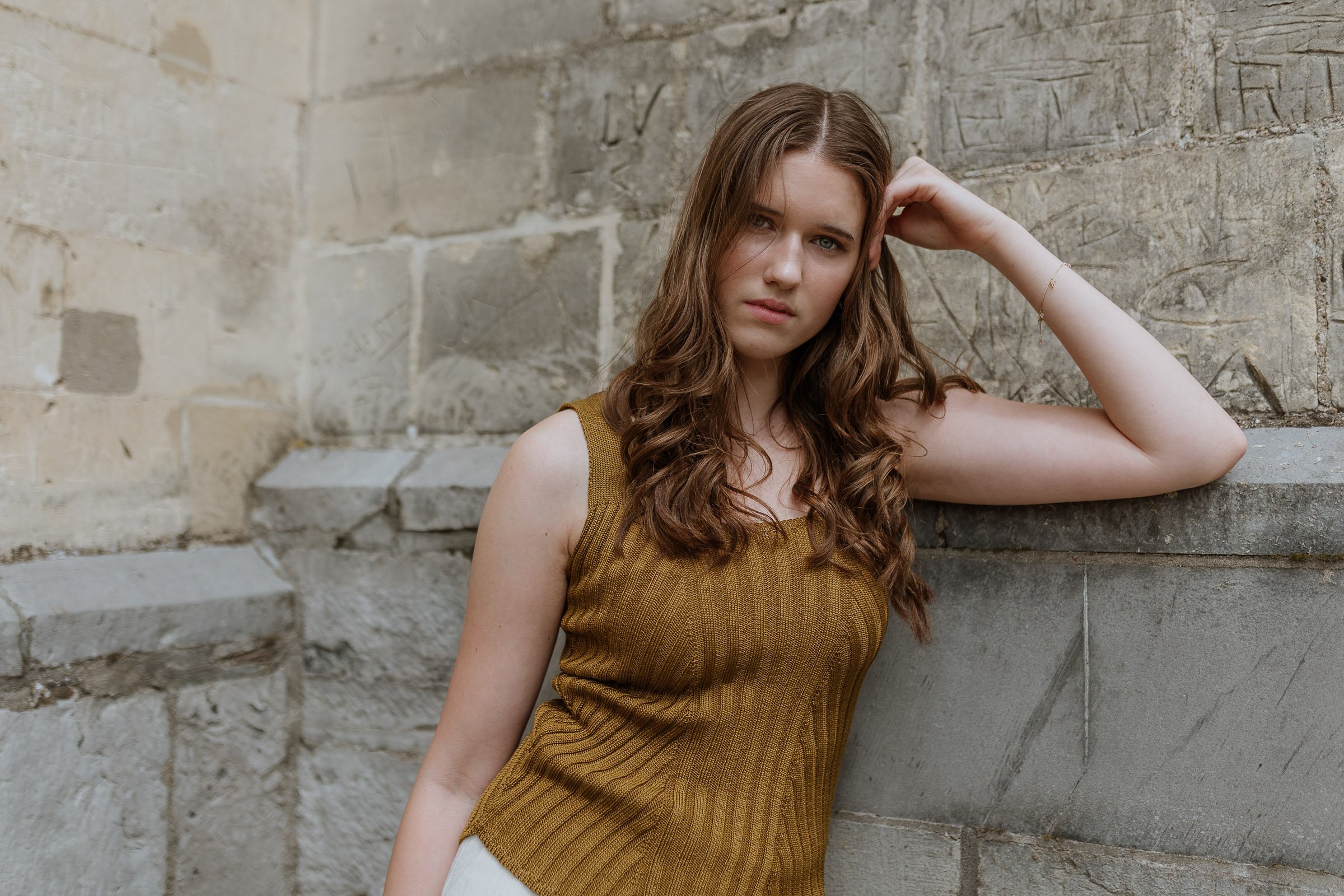 Rib Knitted Certified Mercerised Cotton Tanktop Golden Ocher On Model