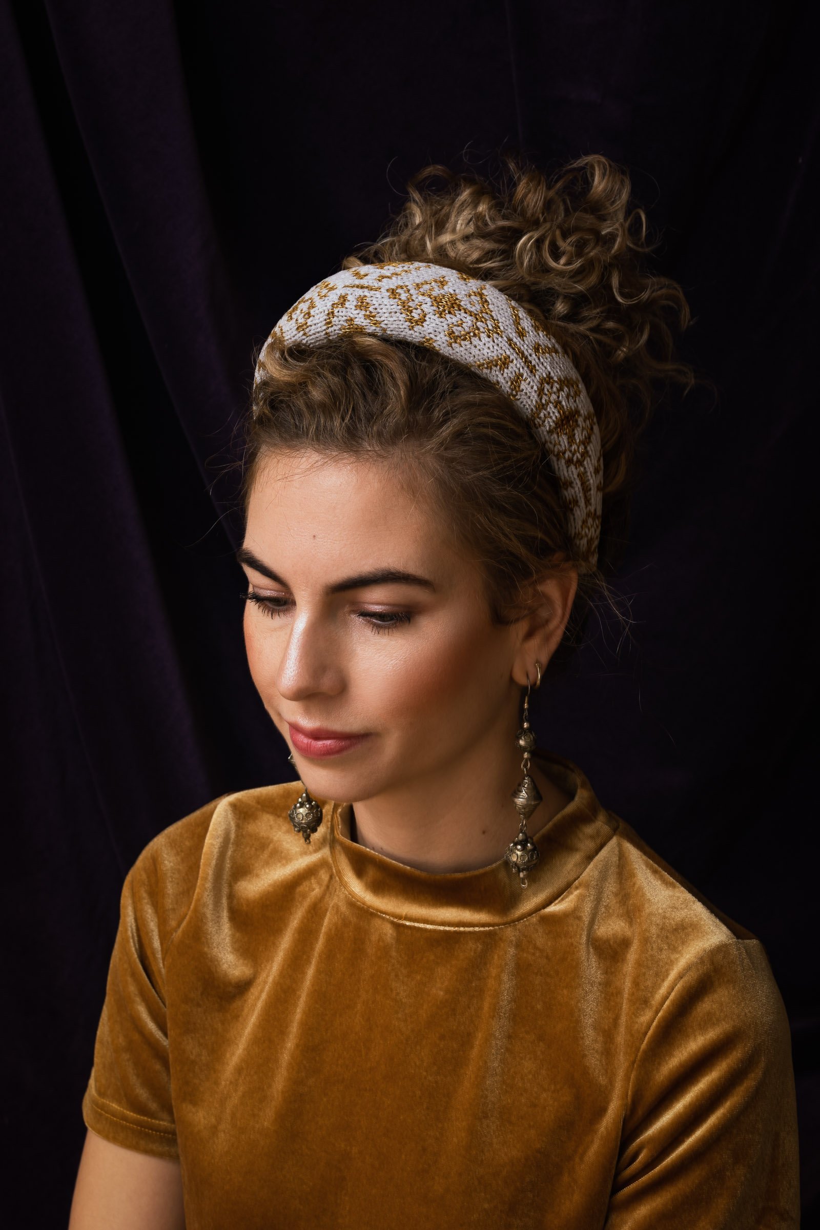 Handmade refined puffy headband, covered with decorative knit of grey velvet yarn and golden Merino wool blend