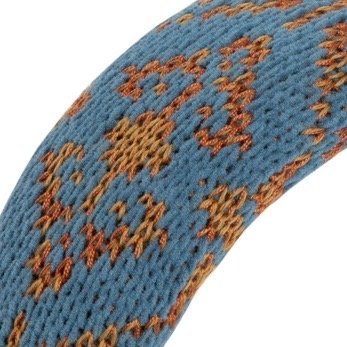 Handmade refined puffy headband, covered with decorative knit of blue velvet yarn and bronzen Merino wool blend