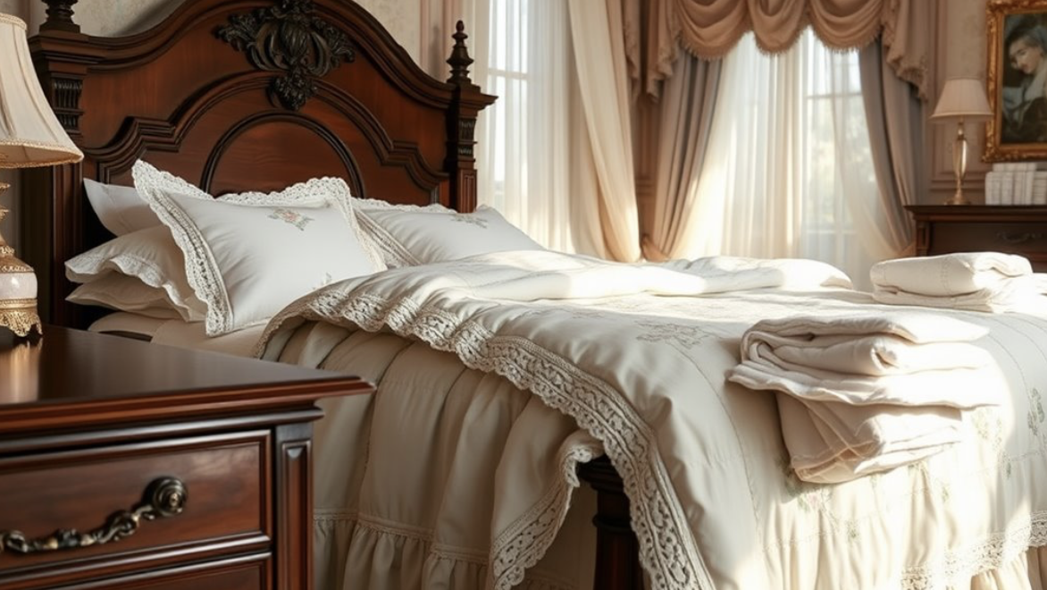19th-century linen bed linens with soft folds and layered texture