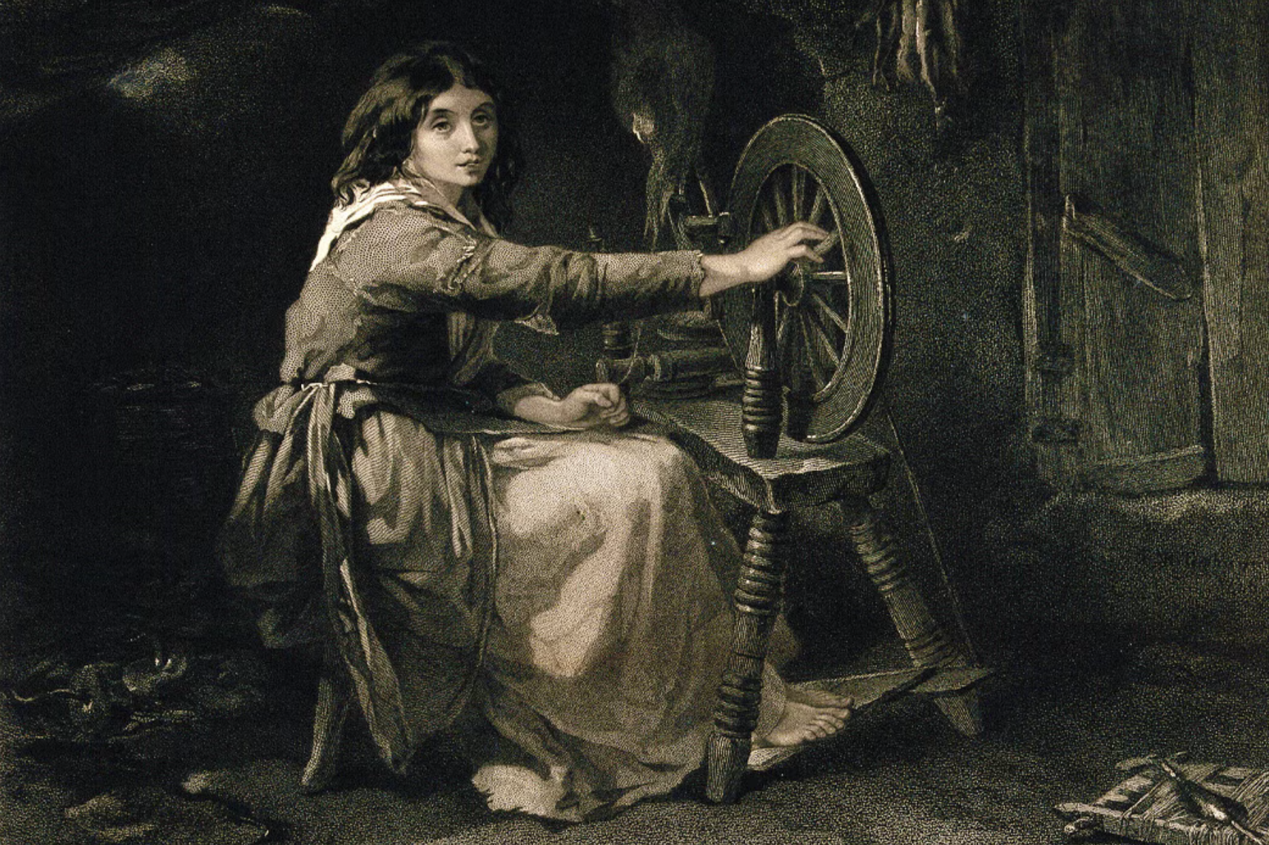 woman spinning linen thread by hand using a spinning wheel in a traditional interior