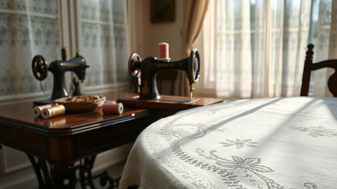 19th-century interior with linen tablecloth and sewing tools in a domestic setting