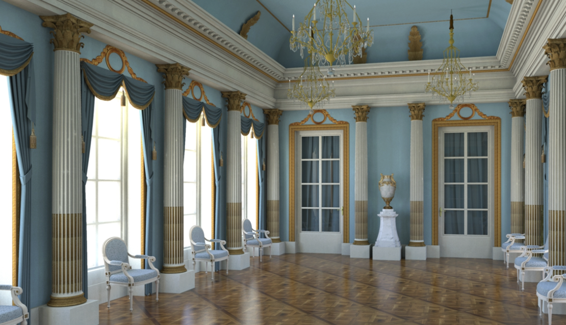 Reconstruction of an elegant room in the former palace of Thorn’s Princess-Abbess, with blue walls, classical columns and gilded details