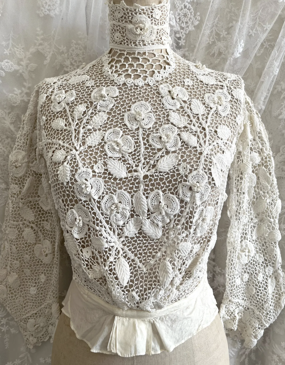 Antique Irish Crochet Lace — Floral Blouse Detail