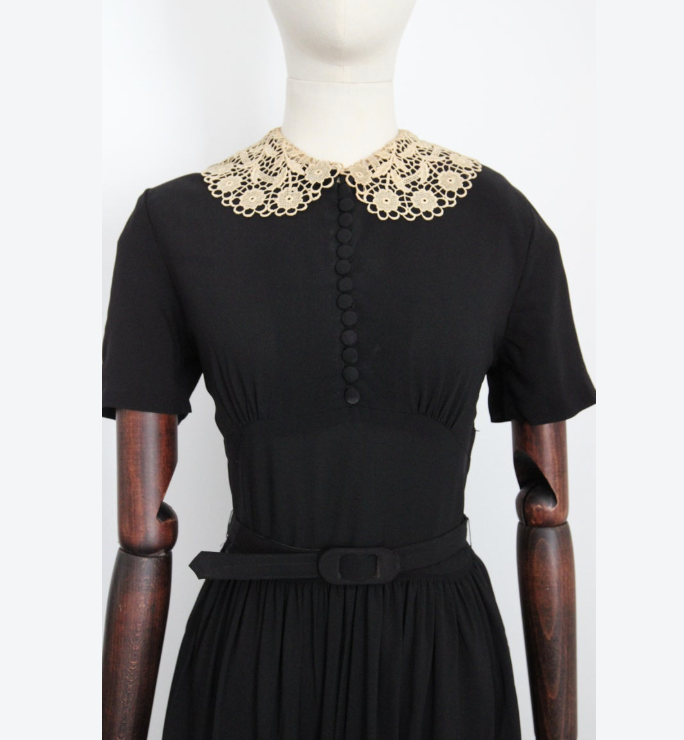 1930s Fashion — Black Dress with Delicate Lace Collar