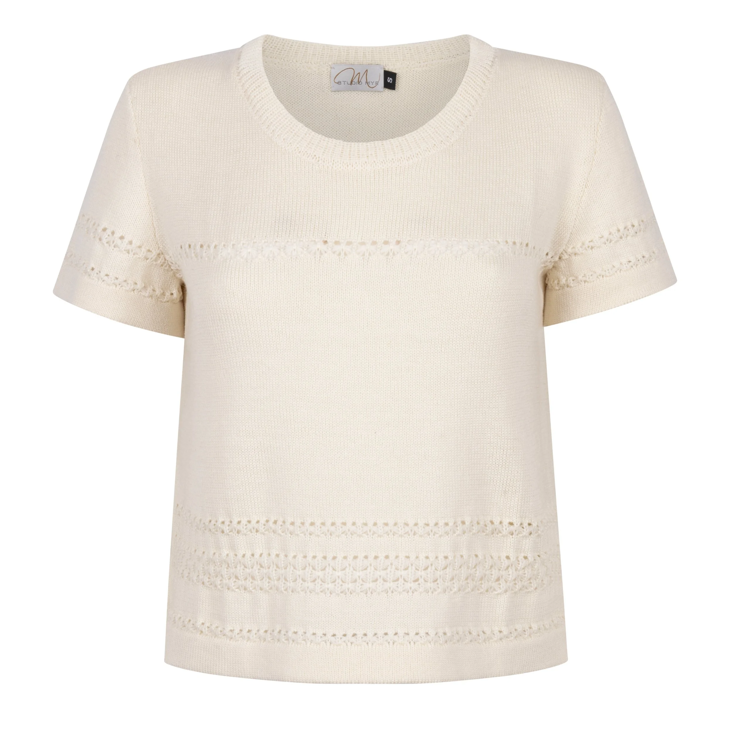 Front view of Sweety – Pearl, a wool white-coloured beige Merino knit top with refined lace-knit detailing and an effortless silhouette.