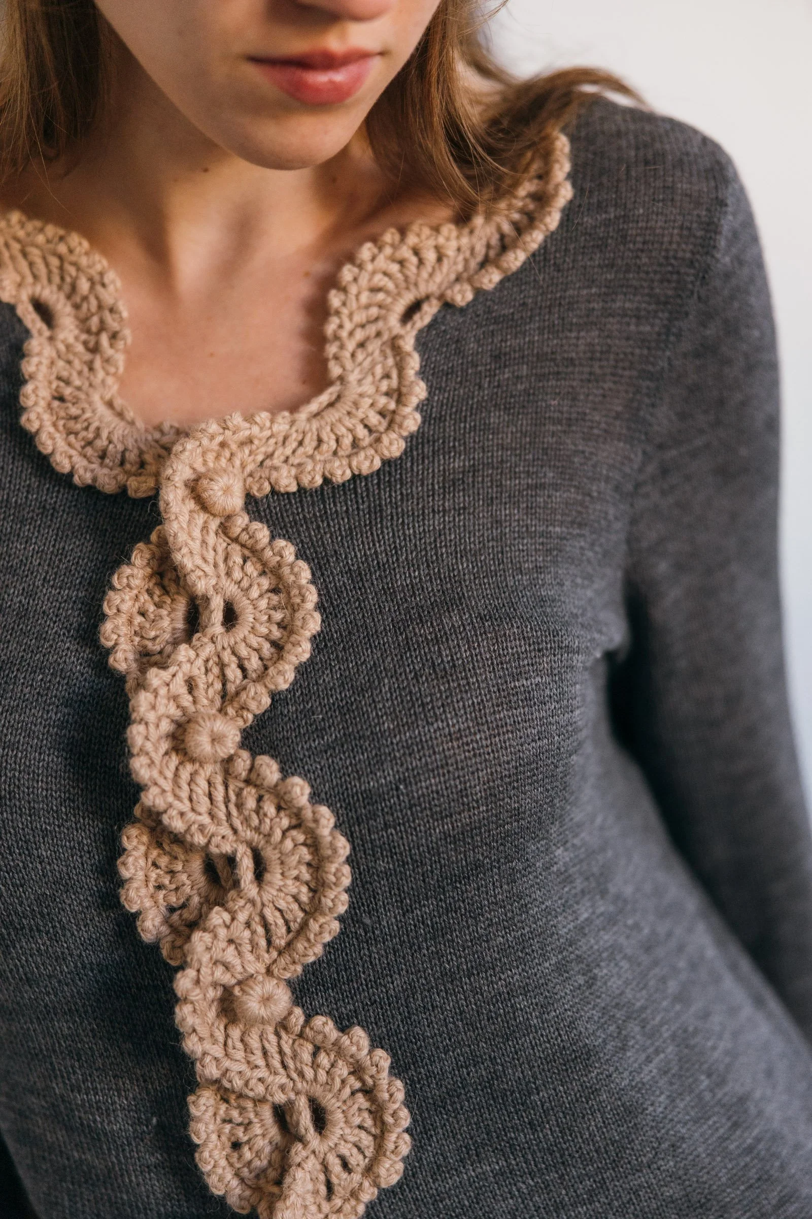 Studio Myr BAROQUE – Close-up of the Gabriella jacket showing beige hand-crocheted Baby Alpaca lace and decorative crocheted buttons