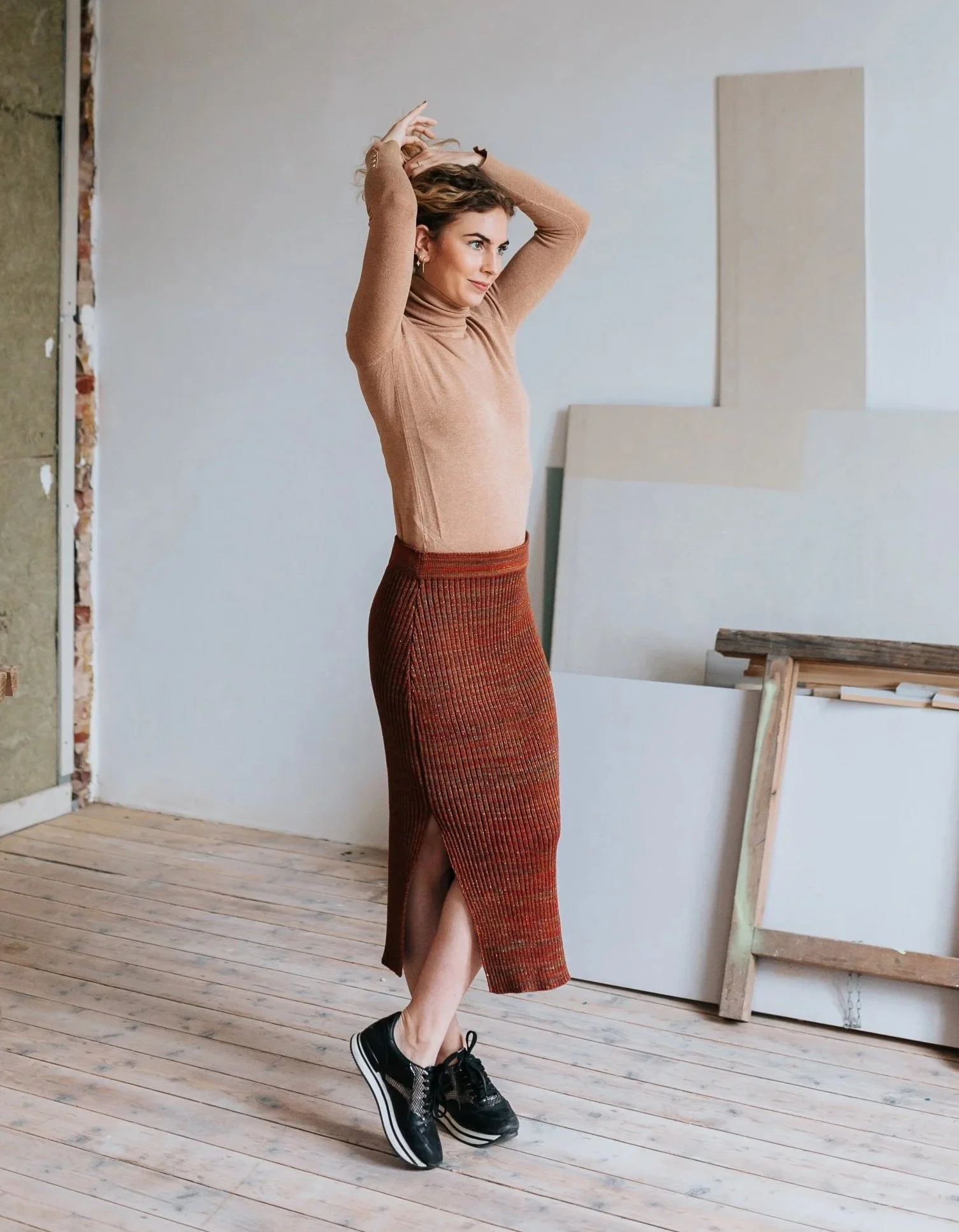 Rib knit midi pencil skirt with sparkles in rust brown Merino wool blend side view