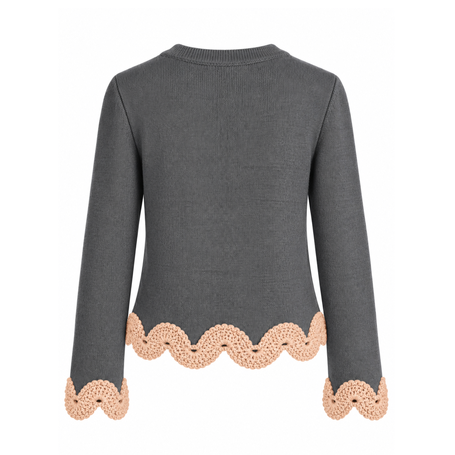 Back view of the Gabriella jumper in dark grey Extra Fine Merino wool with beige hand-crocheted Baby Alpaca scalloped edging at the hem and cuffs.