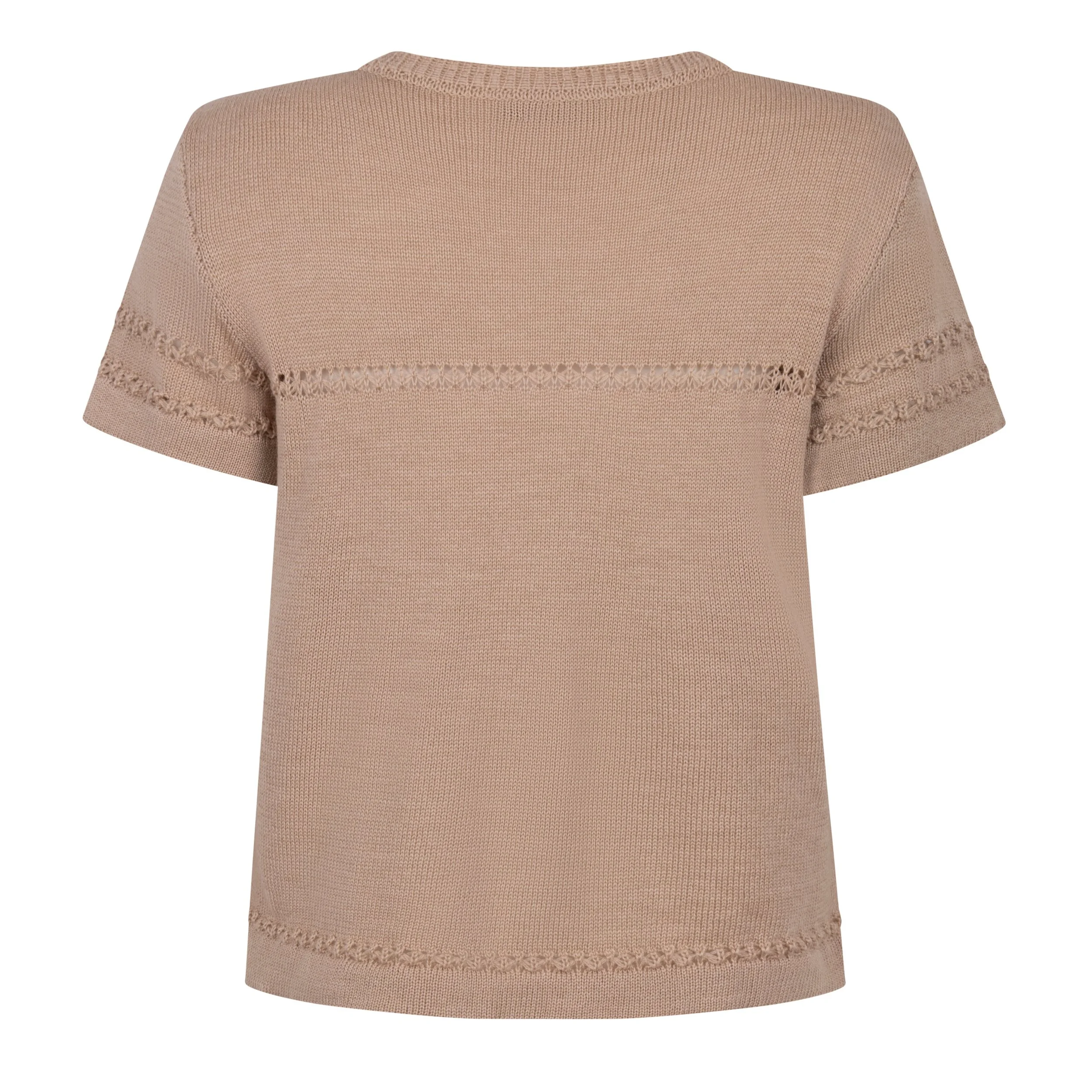 Back view of Sweety – Honey, showcasing the soft Merino knit, subtle lace-knit accents and relaxed, timeless design.