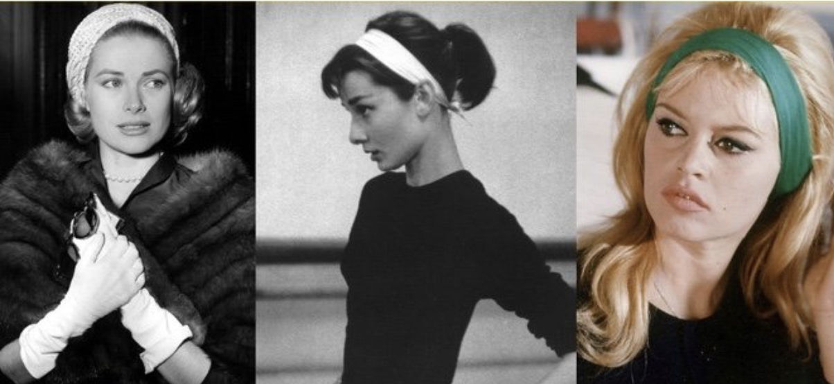 Grace Kelly, Audrey Hepburn and Brigitte Bardot wearing iconic 1950s and 1960s headbands — historical inspiration for Studio Myr hairbands.