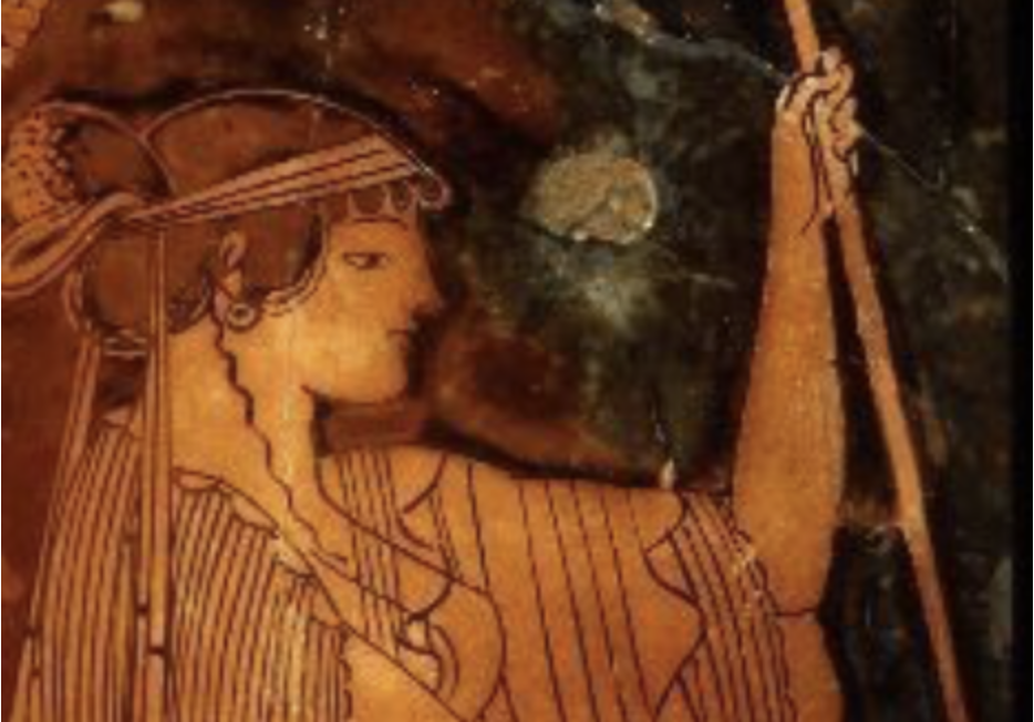 Ancient Greek depiction of the goddess Hera wearing a decorative headband, illustrating early use of fabric bands and ribbons in classical hairstyles.