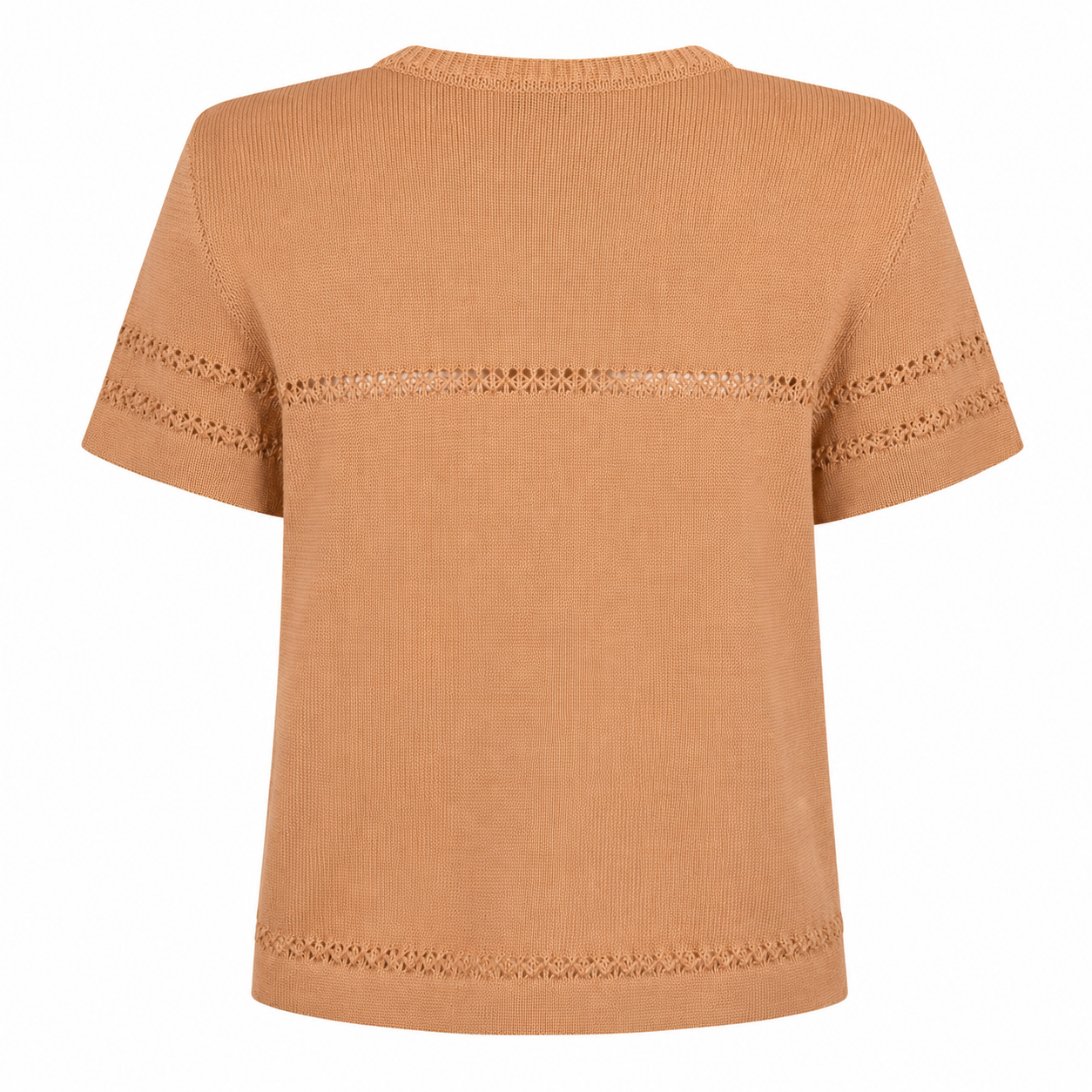 Back view of Sweety – Honey, showcasing the soft Merino knit, subtle lace-knit accents and relaxed, timeless design.