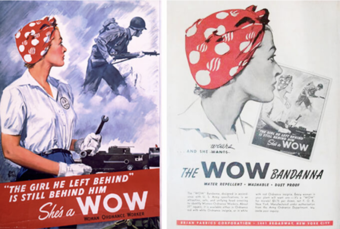 1940s American wartime posters featuring women wearing red polka-dot bandannas as protective headgear; promotional campaign encouraging practical head coverings for women working in factories.