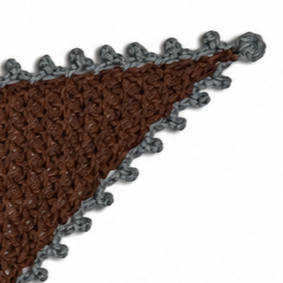 Close-up of the Francisca scarf showing the textured chocolate brown Merino knit, contrasting charcoal grey Baby Alpaca picot edging and handcrafted button closure.