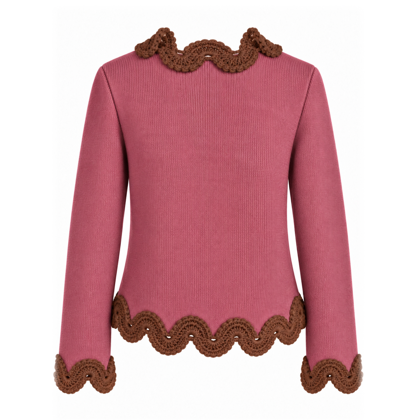 Back view of Eleonora Jacket in Dusty Rose knitted Merino wool with contrasting Hazel Brown hand-crocheted Baby Alpaca lace borders.