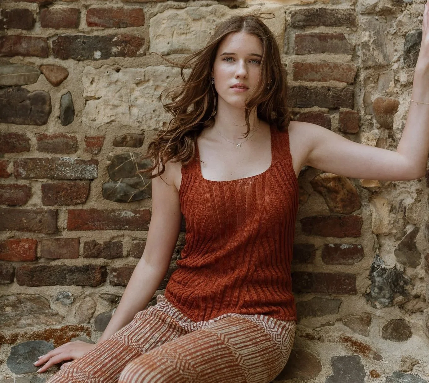 Rib Knitted Square Neck Mercerised Cotton Tank Top Rust Brown On Model