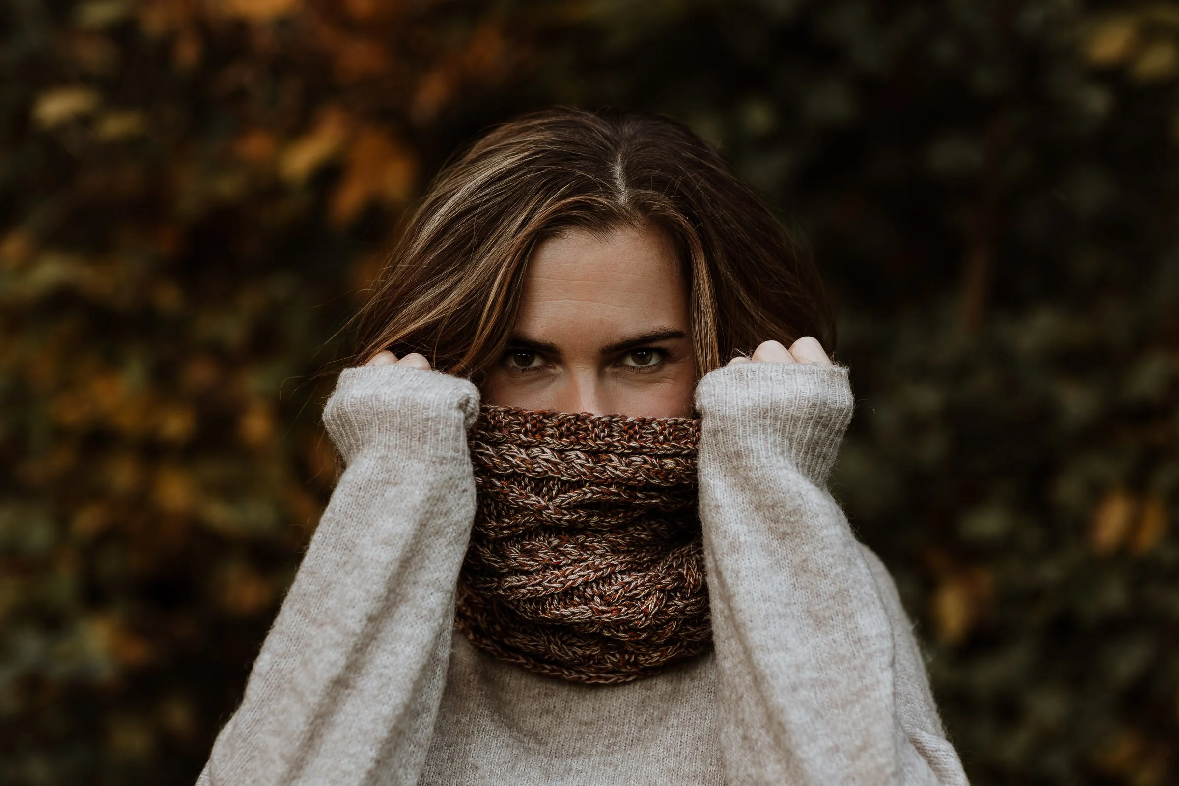 Ginger Cable Knit Merino Blend Cowl Scarf - Brown Beige Blend