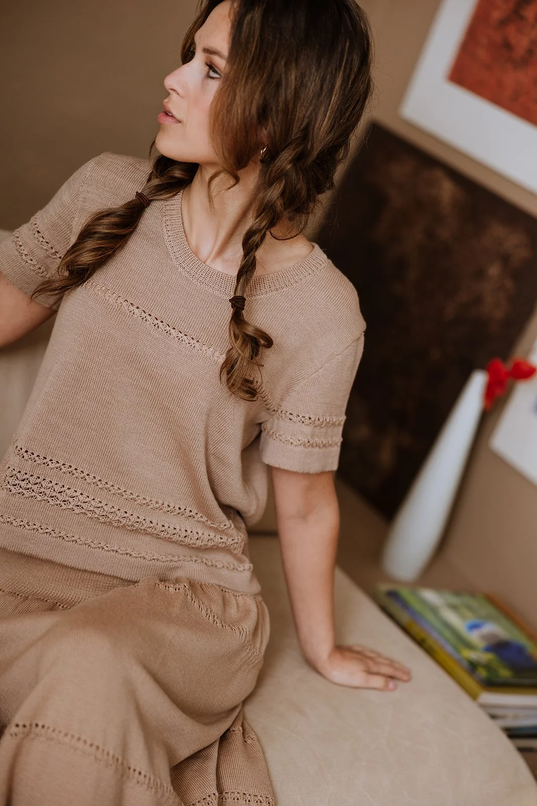 Relaxed silhouette of Studio Myr Merino Lace Knit Tee in warm Honey beige