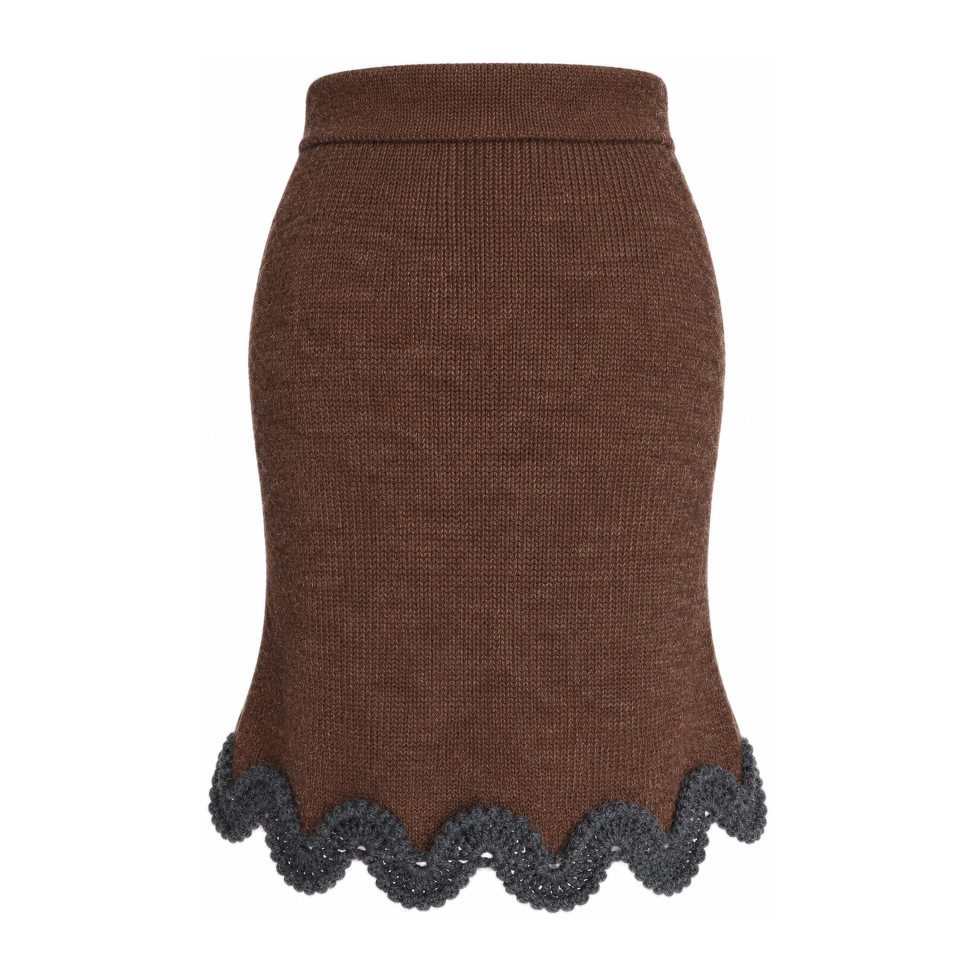 Front view of the Francisca BAROQUE knitted skirt by Studio Myr in Chocolate Brown Extra Fine Merino Wool, finished with an Anthracite Grey hand-crocheted Baby Alpaca lace hem and elasticated waistban