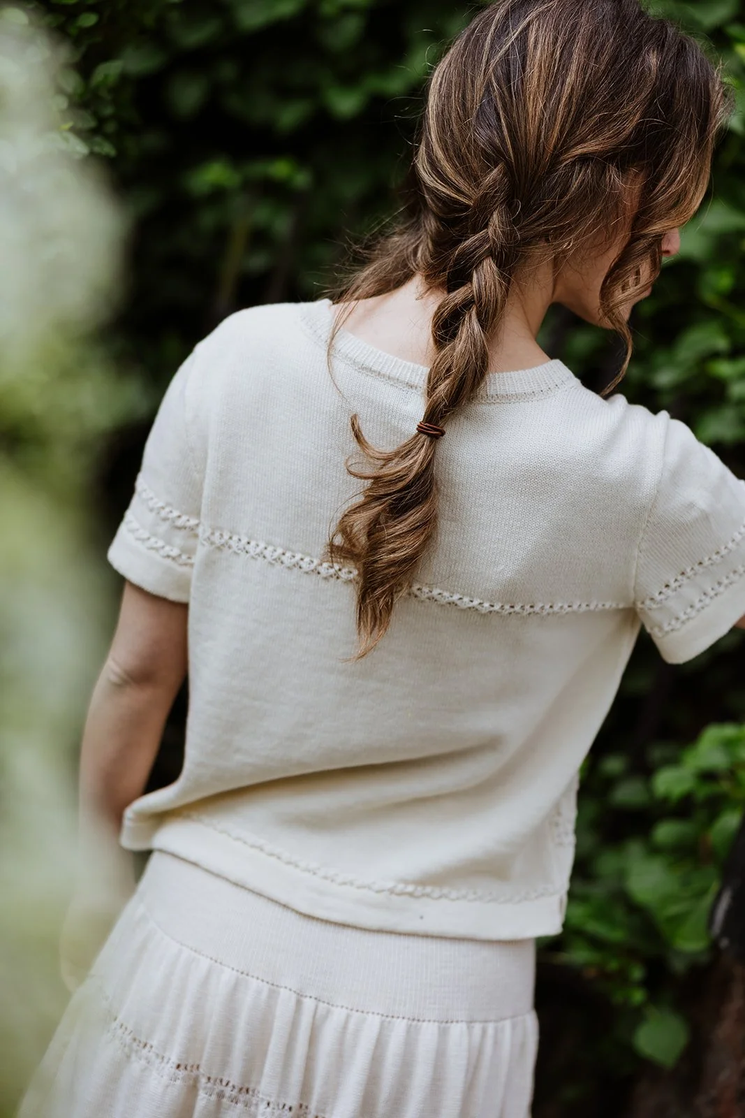 Back view of Studio Myr Merino Lace Knit Tee in Pearl extra fine Merino wool