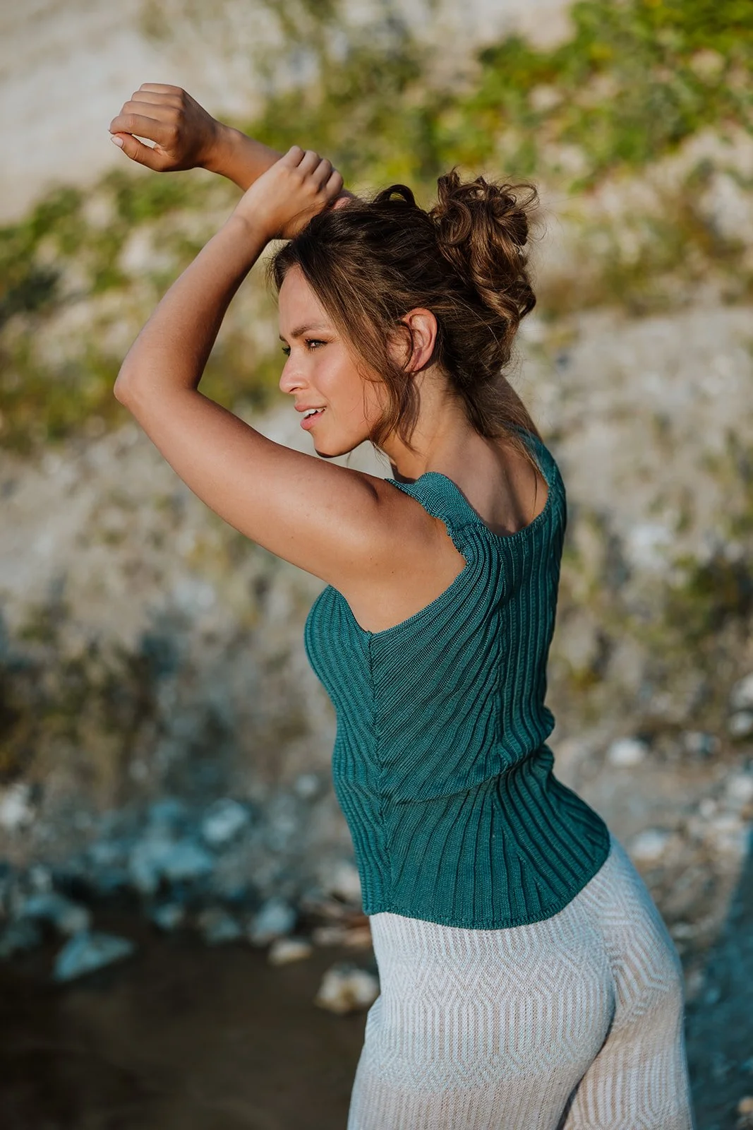 Detail elegant square-neck tank top in mercerised cotton by Studio Myr. Teal blue rib knit, silky soft, breathable & timelessly chic. Handmade in Holland.