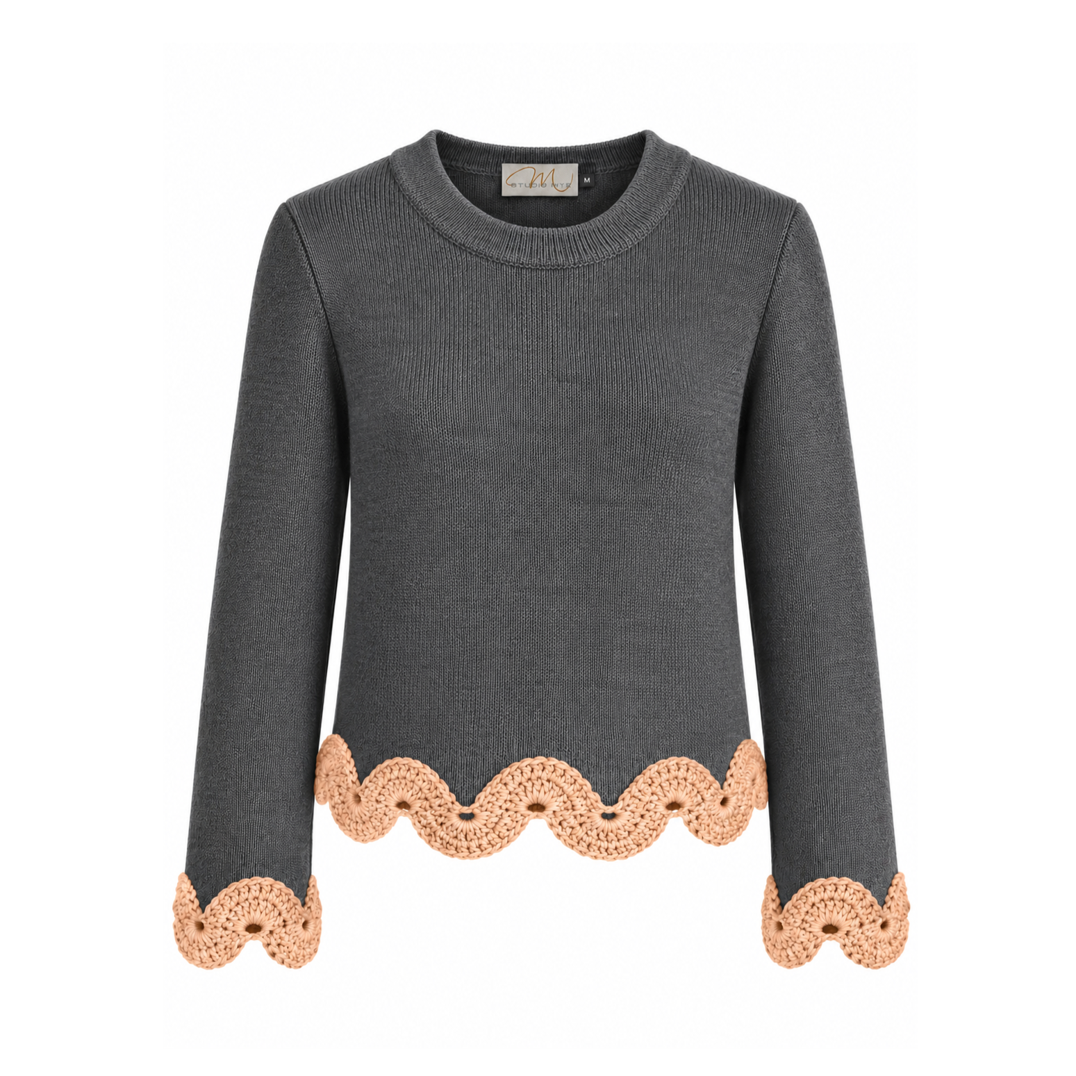 Front view of the Gabriella jumper in dark grey Extra Fine Merino wool, finished with contrasting beige hand-crocheted Baby Alpaca scalloped lace.