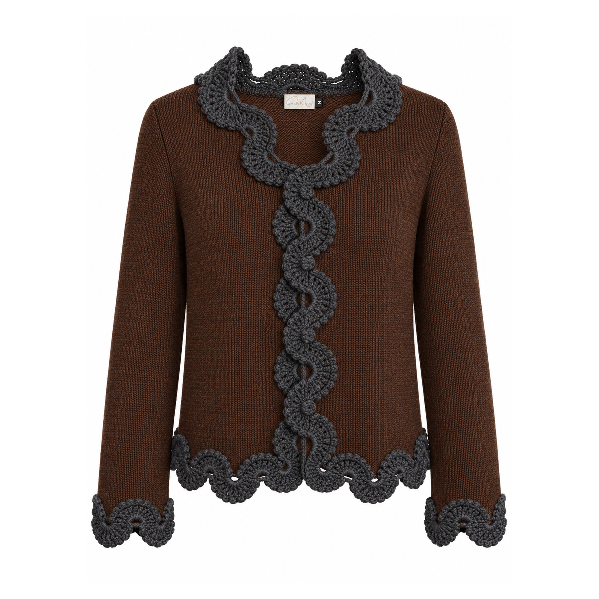 Studio Myr BAROQUE – Francisca jacket in chocolate brown Extra Fine Merino wool with contrasting charcoal grey hand-crocheted Baby Alpaca lace