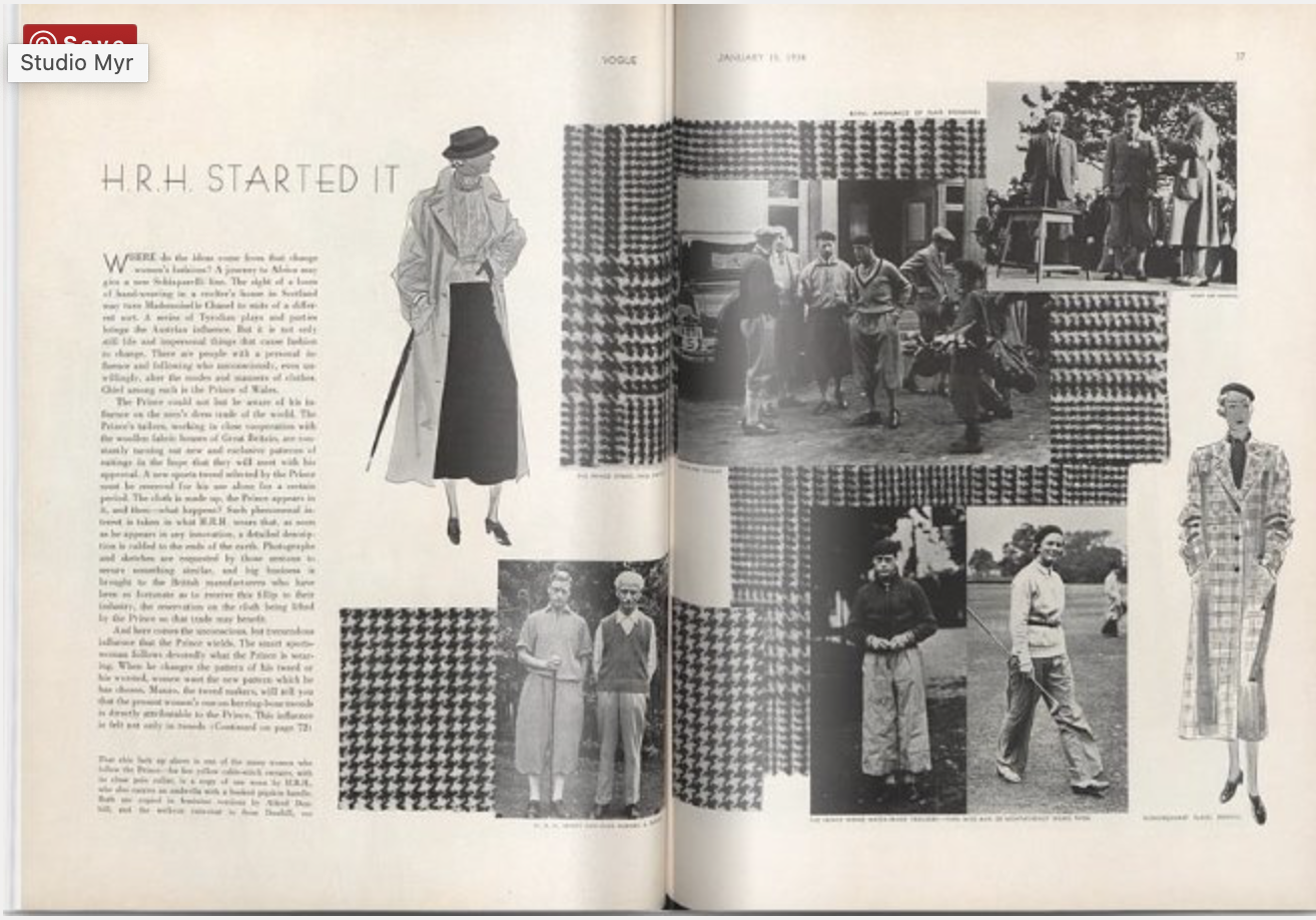 Vintage Vogue magazine spread from the early 1930s featuring houndstooth fashion, marking the pattern’s rise into mainstream style culture.