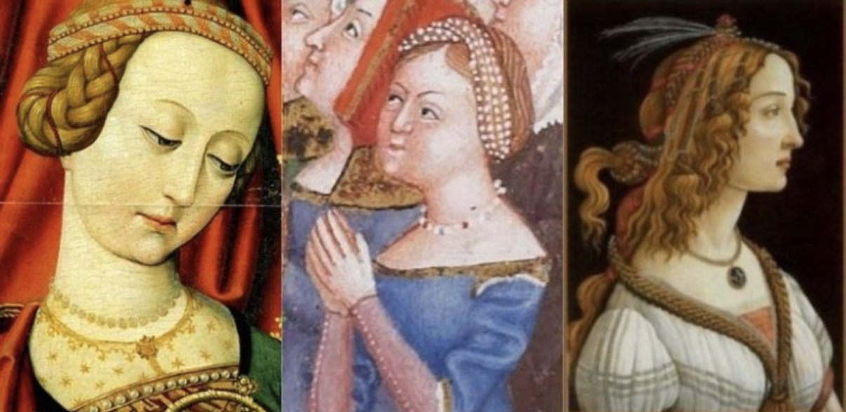 Medieval and early Renaissance women wearing decorative braided headbands, pearl-studded veils and ribboned hairstyles, illustrating historical hair adornments across Western Europe.