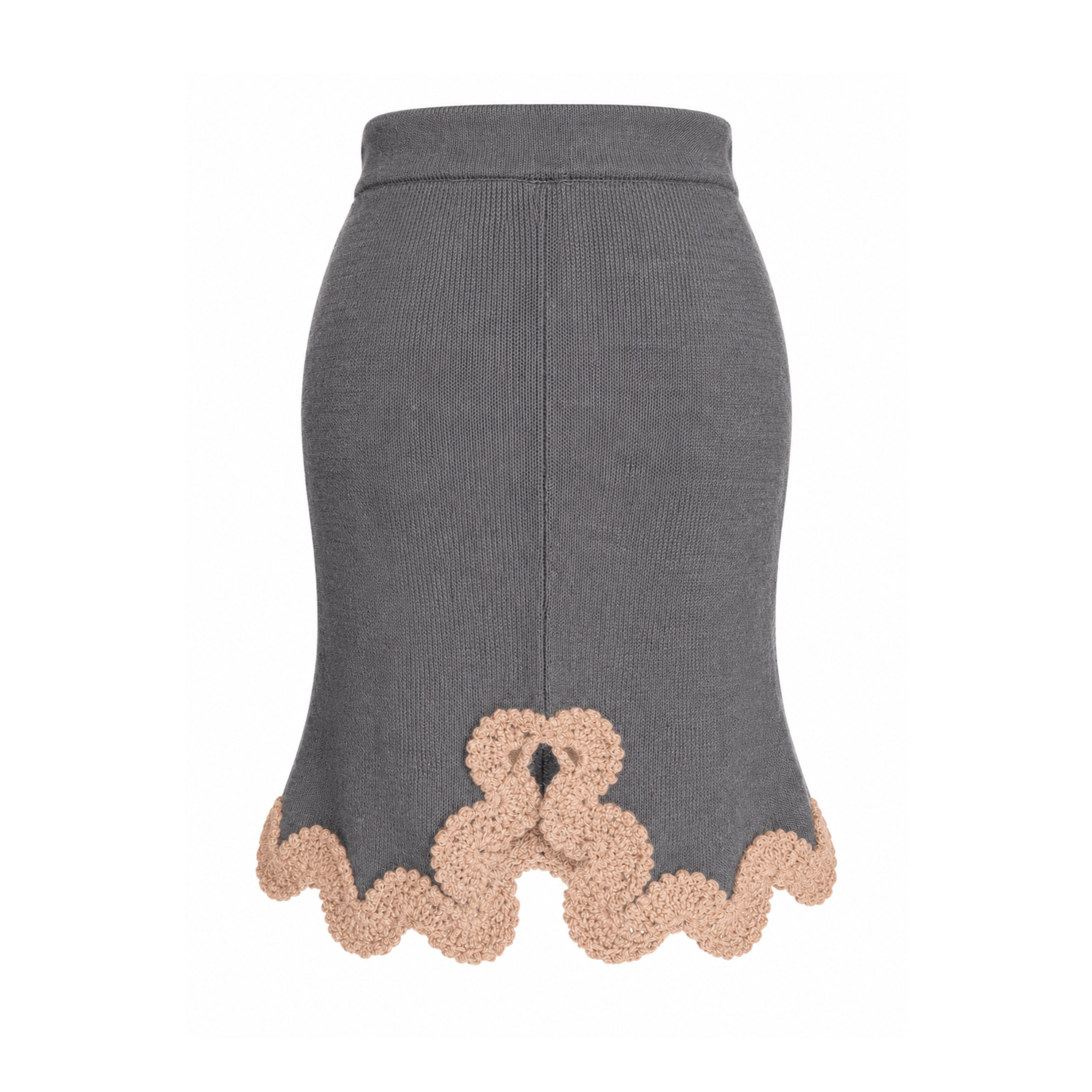 Back view of the Gabriella BAROQUE knitted skirt in Grey, featuring an elegant back slit adorned with intricate Beige hand-crocheted Baby Alpaca lace and a softly scalloped hem.
