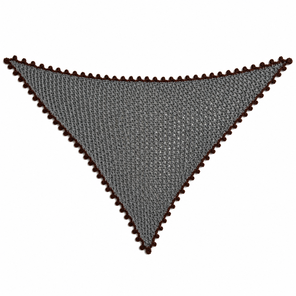 Francisca triangular scarf in reversed colours, featuring charcoal grey Extra Fine Merino knit with contrasting chocolate brown hand-crocheted Baby Alpaca picot edging.