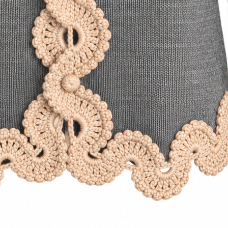 Close-up of the Gabriella Jacket showing the flowing beige Baby Alpaca crochet lace along the front opening and scalloped hem against fine grey Merino knit.