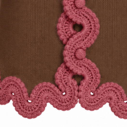 Close-up of Eleonora Jacket in Hazel Brown, highlighting the Dusty Rose hand-crocheted Baby Alpaca lace, decorative crochet buttons and scalloped hem.
